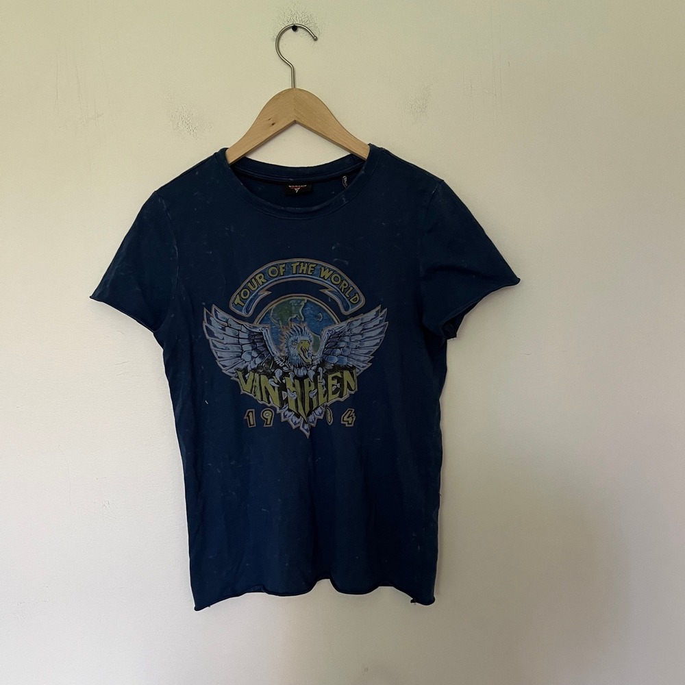 ONLY Van Halen 1984 Tour of the World Graphic T-Shirt Navy Blue Acid Wash Small